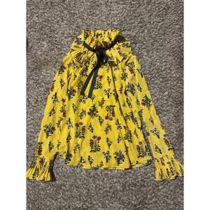ACME Floral Blouse Long Sleeve yellow Floral Mock Neck M
